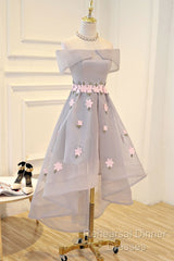 Light Grey Tulle With Flowers High Low Fashionable Party Dress, Grey Homecoming Dresses