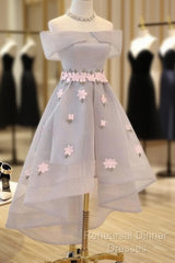 Light Grey Tulle With Flowers High Low Fashionable Party Dress, Grey Homecoming Dresses