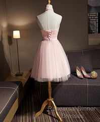Light Pink Halter Tulle And Lace Lovely Knee Length Formal Dress, Cute Party Dress, Pink Semi Formal Prom Dresses