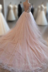 Light Pink Tulle Lace Long Semi Formal Prom Dress, Wedding Dress