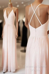 Light Pink V Neck Chiffon Long Semi Formal Prom Dress, Pink Evening Dress