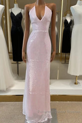 Light Pink V Neck Sheath Sequined Semi Formal Prom Dress Birthday Dress
