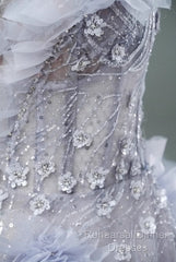 Light Purple A-Line Off-The-Shoulder Tulle Sequin Long Semi Formal Prom Dress, Sweet Appliqu Beaded Evening Dress