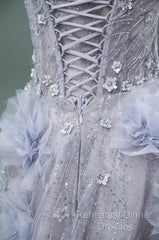 Light Purple A-Line Off-The-Shoulder Tulle Sequin Long Semi Formal Prom Dress, Sweet Appliqu Beaded Evening Dress