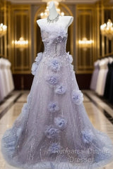 Light Purple A-Line Off-The-Shoulder Tulle Sequin Long Semi Formal Prom Dress, Sweet Appliqu Beaded Evening Dress