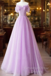 Light Purple A-Line Sweetheart Tulle Formal Dress, Light Purple Long Semi Formal Prom Dress