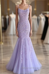 Light Purple Lace Mermaid Semi Formal Prom Dresses, Purple Lace Mermaid Formal Evening Dresses