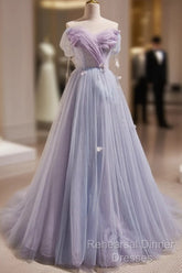 Light Purple Off Shoulder Sweetheart Long Formal Dress, Light Purple Tulle Semi Formal Prom Dress