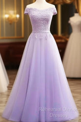 Light Purple Sweetheart Lace Applique Off Shoulder Semi Formal Prom Dress