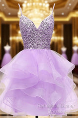 Light Purple Tulle Beaded Short Homecoming Dress, Light Purple Short Semi Formal Prom Dress