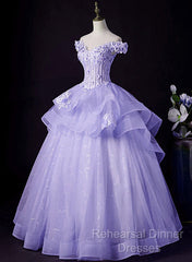 Light Purple Tulle With Lace Off Shoulder Sweet 16 Dress, Light Purple Formal Dress