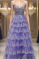 Light Purple V Neck Layered Lace Semi Formal Prom Dress