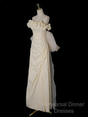 Light Yellow A-Line Satin Off-Shoulder Tulle Long Semi Formal Prom Dress Graduation Semi Formal Prom Dress Wedding Dress