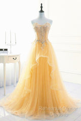 Light Yellow Beaded Tulle Long Party Dress Semi Formal Prom Dress, Yellow Formal Dresses