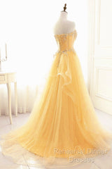 Light Yellow Beaded Tulle Long Party Dress Semi Formal Prom Dress, Yellow Formal Dresses