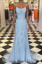Chic Trumpet Spaghetti Straps With Lace Appliques Light Blue Semi Formal Prom Dresses