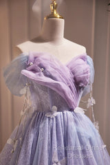 Lightpurple Tulle Off Shoulder Short Semi Formal Prom Dress, Cute A-Line Off Shoulder Homecoming Dress