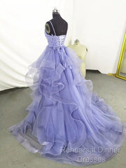 Lilac Tull Lace Applique Ball Gown Straps Long Semi Formal Prom Dress Elegant Evening Dress