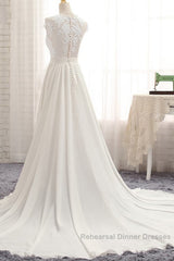 Long A-line Appliques Lace Chiffon Wedding Dresses with Slit