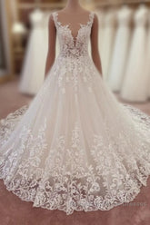 Long A-Line Appliques Lace Sweetheart Tulle Wedding Dresses