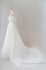 Long A-line Appliques Lace Tulle Wedding Dresses with Sleeves