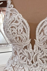 Long A-Line Sequin Tulle Spaghetti Straps Appliques Lace Wedding Dresses
