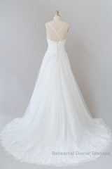 Long A-line Spaghetti Strap Applique Tulle Backless Wedding Dresses
