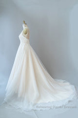 Long A-line Spaghetti Strap Lace Tulle Backless Wedding Dresses