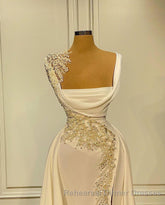 Long A-Line Square Neckline Satin Ivory Semi Formal Prom Dress With Slit