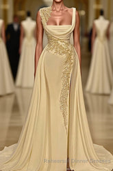 Long A-Line Square Neckline Satin Ivory Semi Formal Prom Dress With Slit