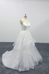 Long A-line Sweetheart Appliques Spaghetti Strap Tulle Wedding Dresses