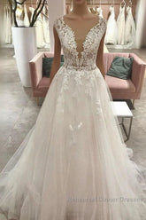 Long A-Line Sweetheart Tulle Wedding Dresses With Appliques Lace