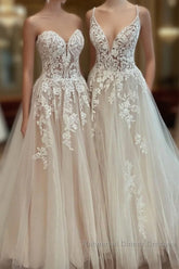 Long A-Line Tulle Lace Appliques Backless Wedding Dresses