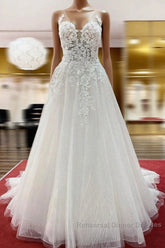 Long A-line Tulle Sleevless Ruffles Jewel Wedding Dresses With Lace Appliques