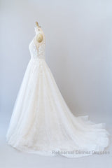 Long A-line V-neck Open Back Appliques Lace Tulle Wedding Dresses