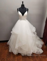 Long A-line V-neck Tulle Backless Wedding Dresses