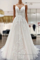 Long A-line V-neck Tulle Sleeveless Appliques Lace Backless Wedding Dresses
