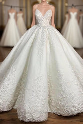 Long Ball Gown Spaghetti Strap Appliques Lace Satin Wedding Dresses