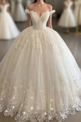 Long Ball Gowns Off-the-shoulder Lace Tulle Wedding Dress