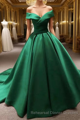 Long Green Satin V-neck Ball Gowns Semi Formal Prom Dresses Off The Shoulder