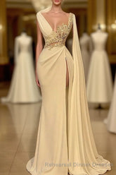 Long Mermaid Asymmetrical Ruffles Beading Satin Semi Formal Prom Dress With High Slit