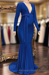Long Mermaid Deep V-neck Pregnant Semi Formal Prom Evening Dress with Sleeves