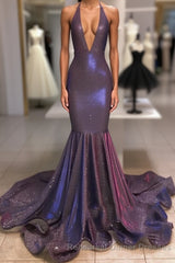 Long Mermaid Halter Sequins Semi Formal Prom Dresses