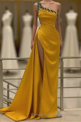 Long Mermaid One Shoulder Beading Backless Semi Formal Prom Dress with Slit