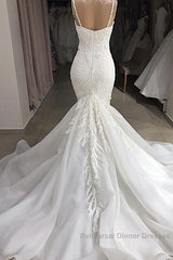 Long Mermaid Spaghetti Strap Appliques Lace Wedding Dresses