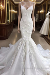 Long Mermaid Spaghetti Strap Appliques Lace Wedding Dresses