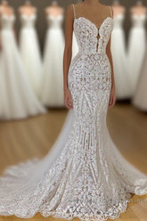 Long Mermaid Spaghetti Straps Appliques Lace Wedding Dresses With Cathedral Train
