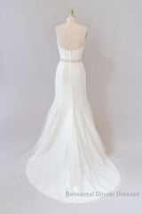 Long Mermaid Strapless Tulle Lace Wedding Dresses