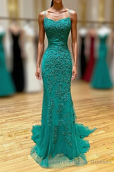Long Mermaid Strapless Tulle Open Back Lace Semi Formal Prom Dresses