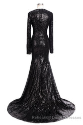 Long Mermaid V-Neck Black Sequins Semi Formal Prom Dresses with Sleeves